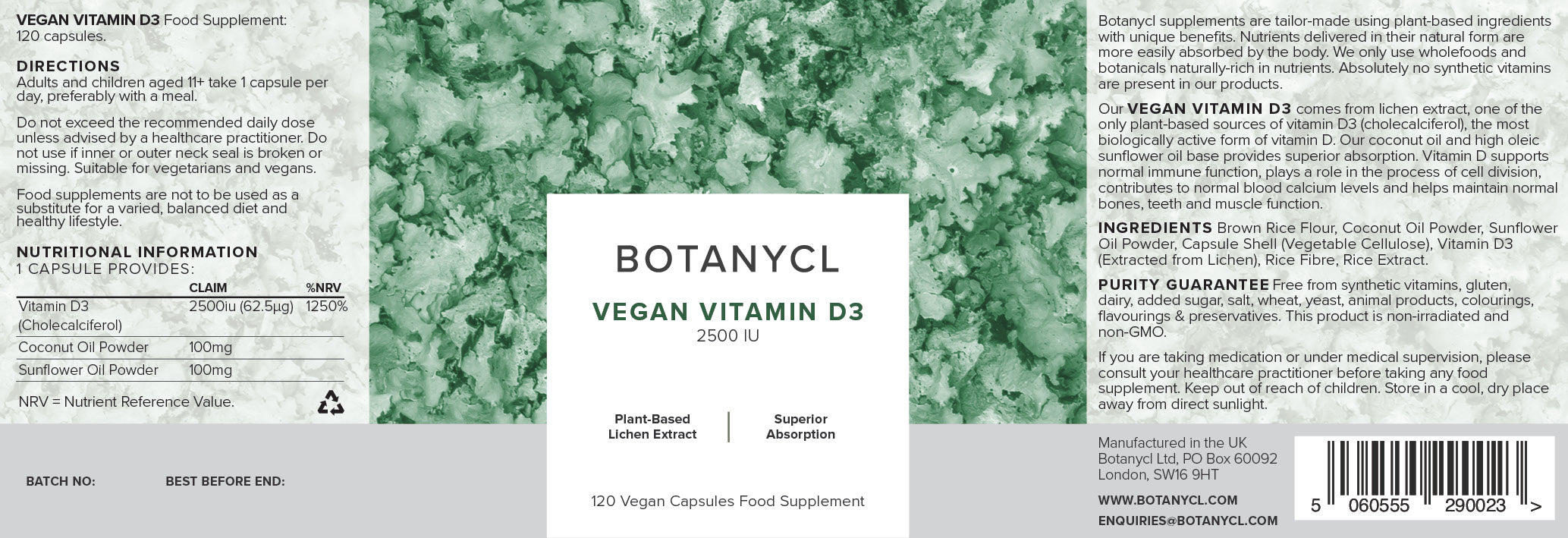 Botanycl Vegan Vitamin D3 lichen based cholecalciferol. The only plant-based sources of vitamin D. Our vitamin D in the most bioavailable & bioactive form and contains added botanicals and coconut oil for superior absorption. Vitamin D is essential to support a healthy immune system.